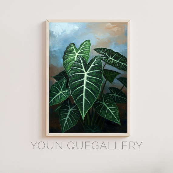 Alocasia Elephant Ear White Veined Dark Leaves Tropical Plant Poster