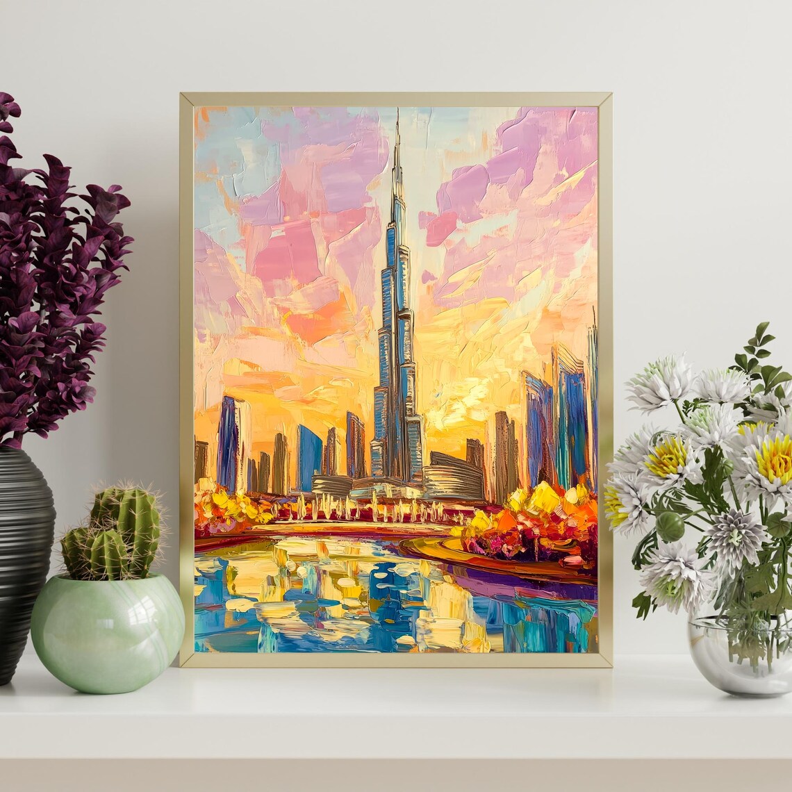 Burj Khalifa Dubai UAE Skyline Fountain Reflection Golden Sunset Painting Poster - Image 4