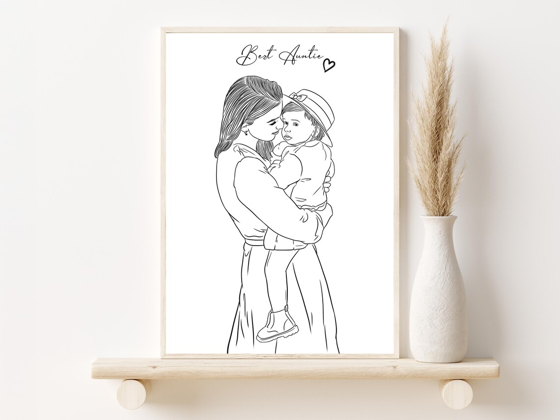 Custom Family Line Art Drawing, Personalized Aunt Gift