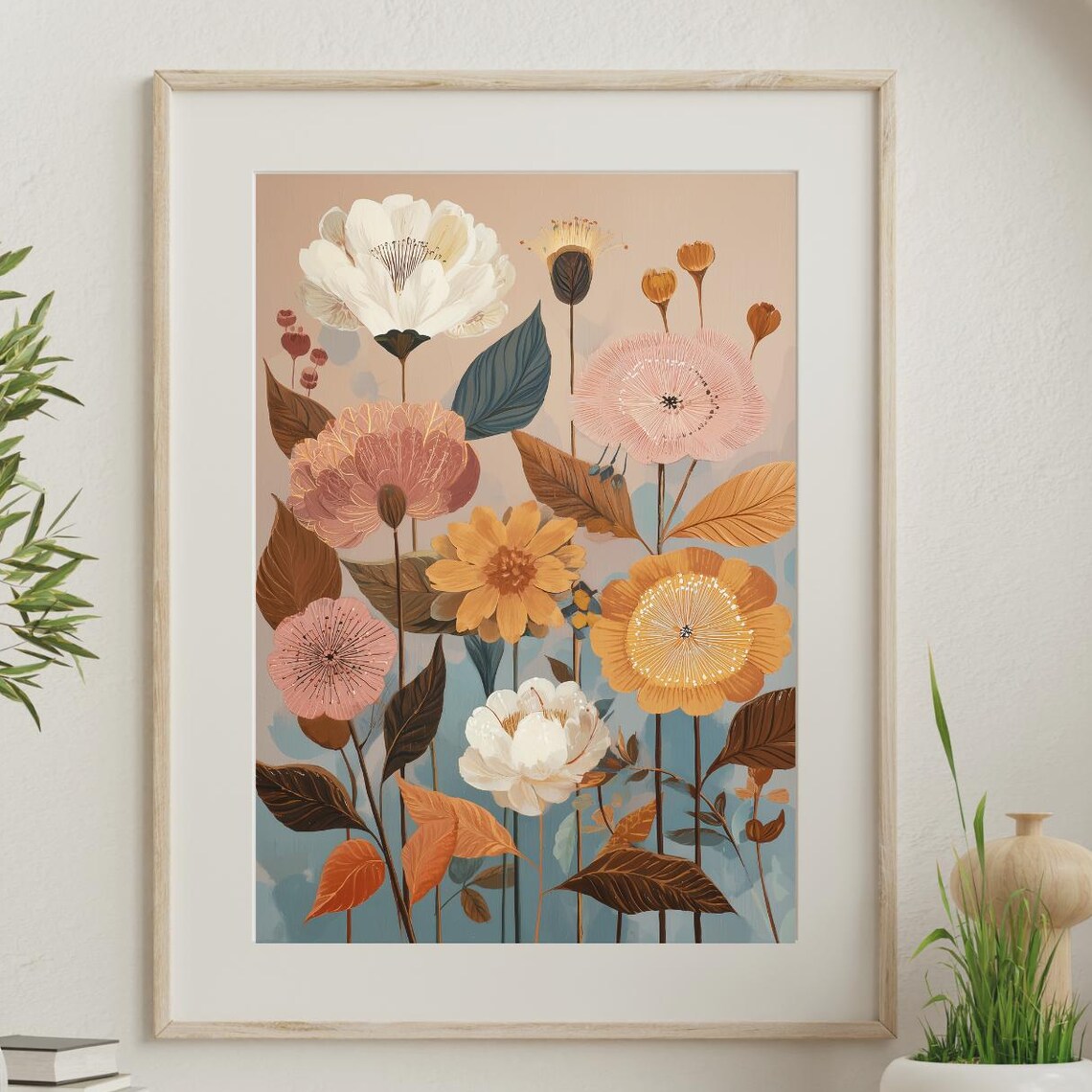 Peach Beige Abstract Floral Blooms Modern Botanical Art Poster