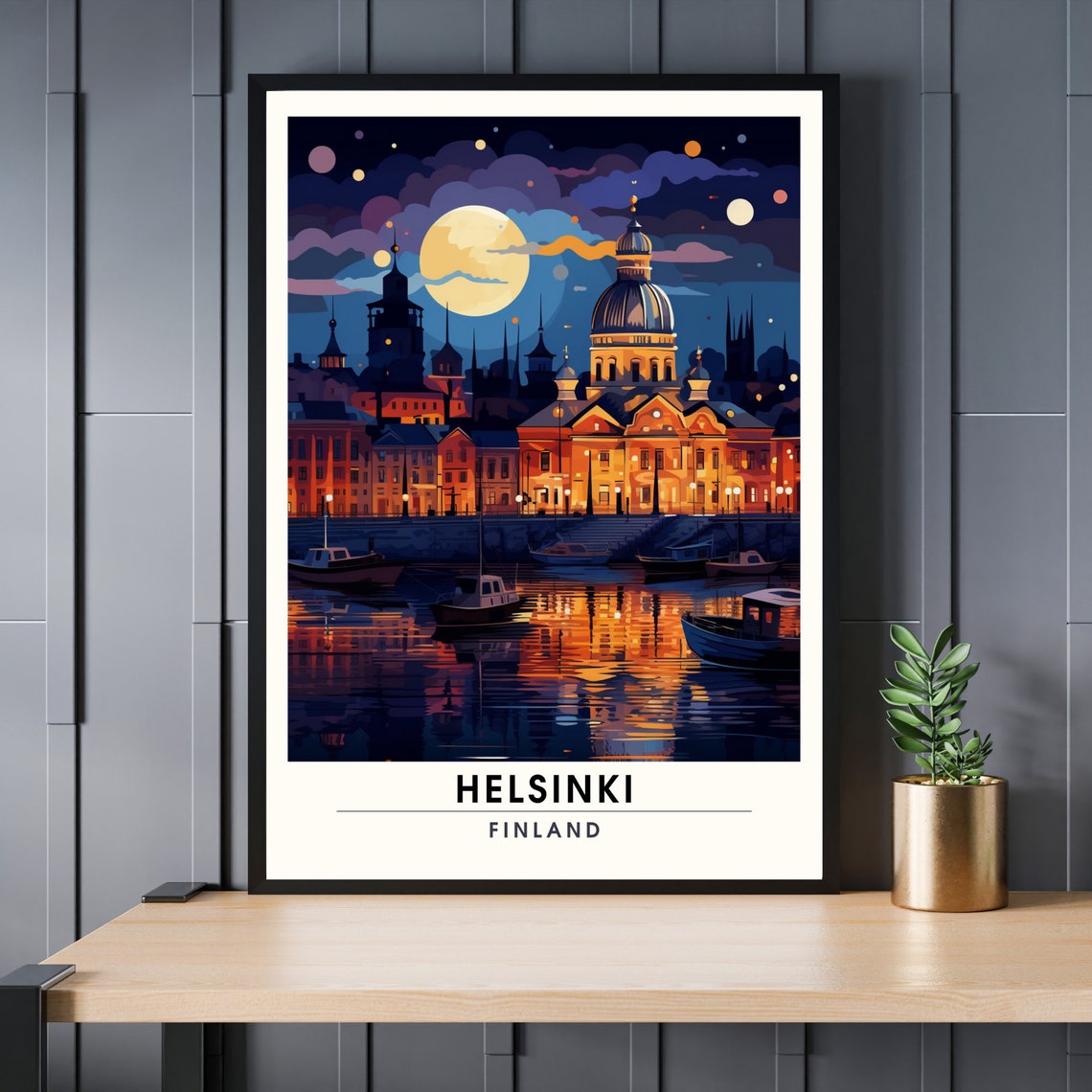 Helsinki Finland Night Harbor Cathedral Moonlight City Travel Poster