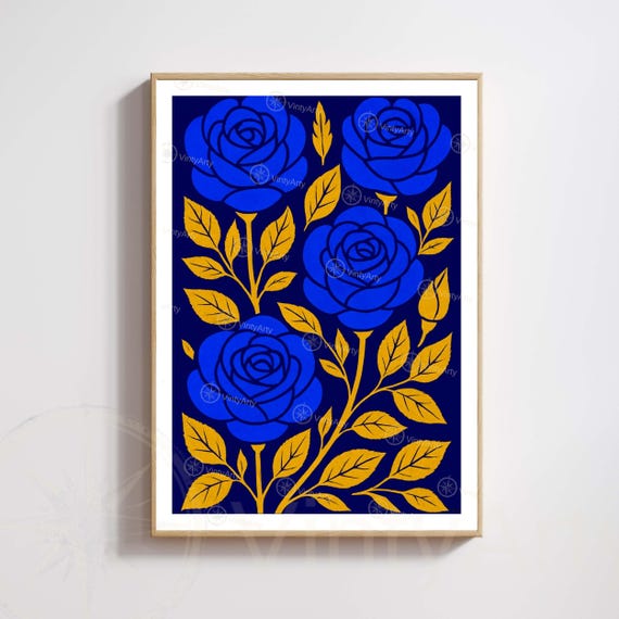 Blue And Gold Flowers Print Modern Botanical Poster Elegant Floral Wall Art