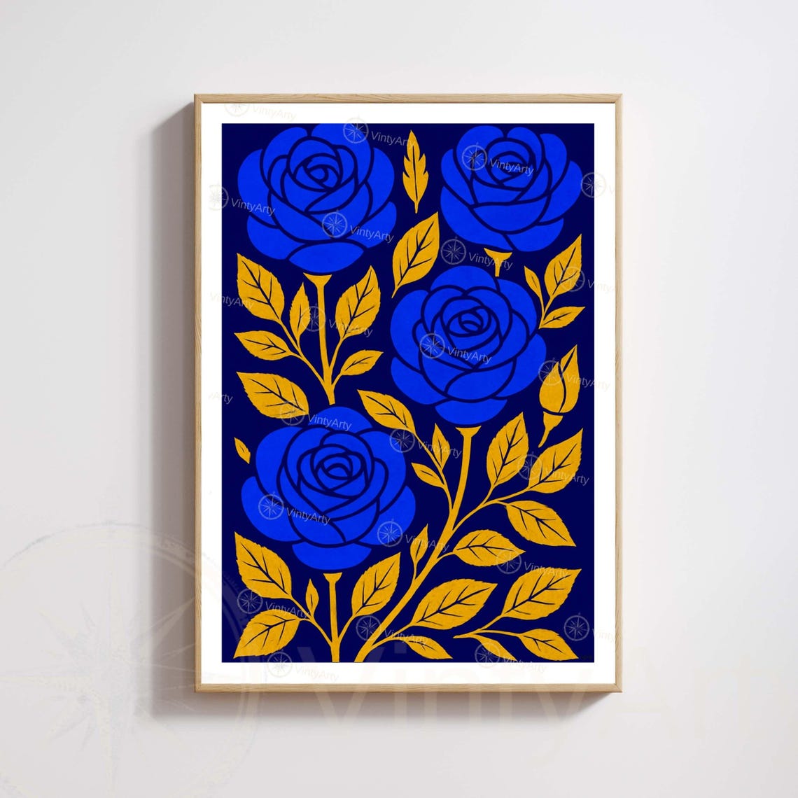 Blue Roses with Gold Leaves Bold Navy Floral Modern Botanical Poster