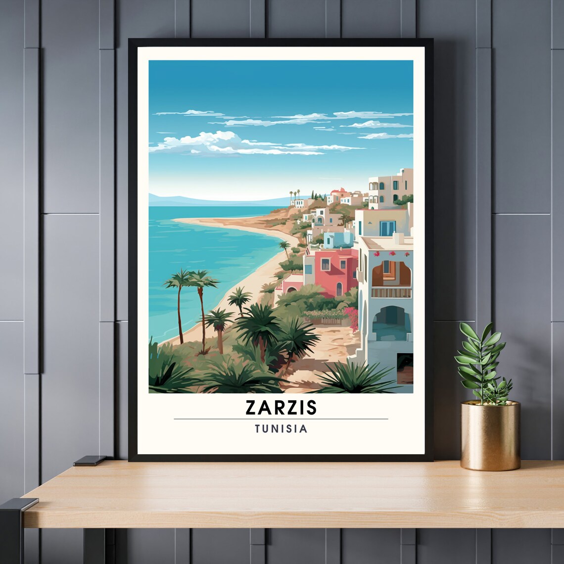 Zarzis Tunisia Mediterranean Beach Palm Trees Coastal Travel Poster