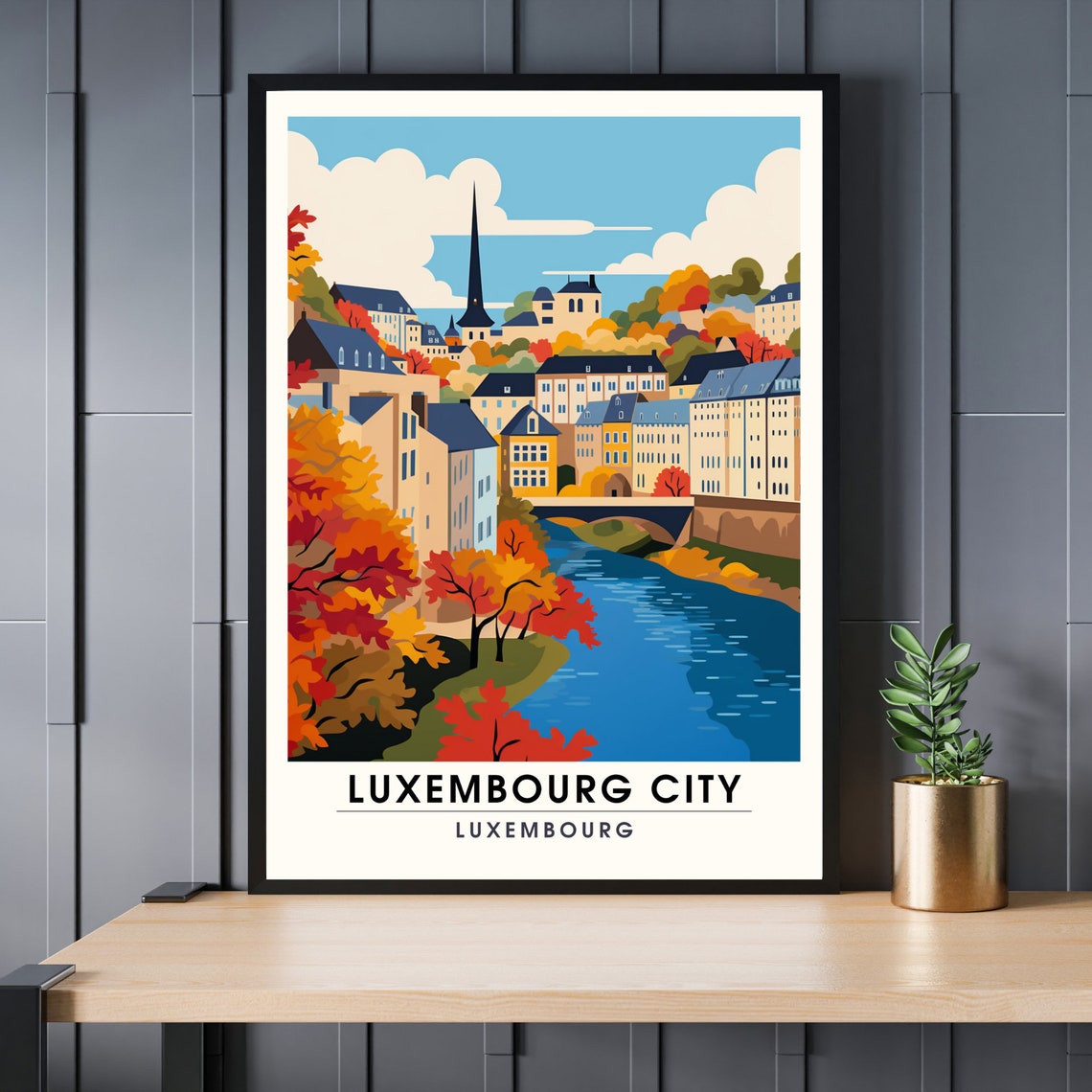 Luxembourg City Autumn Old Town River Valley Vintage Travel Poster