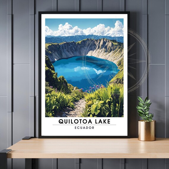 Quilotoa Crater Lake Ecuador Panoramic Vista Vintage Travel Poster