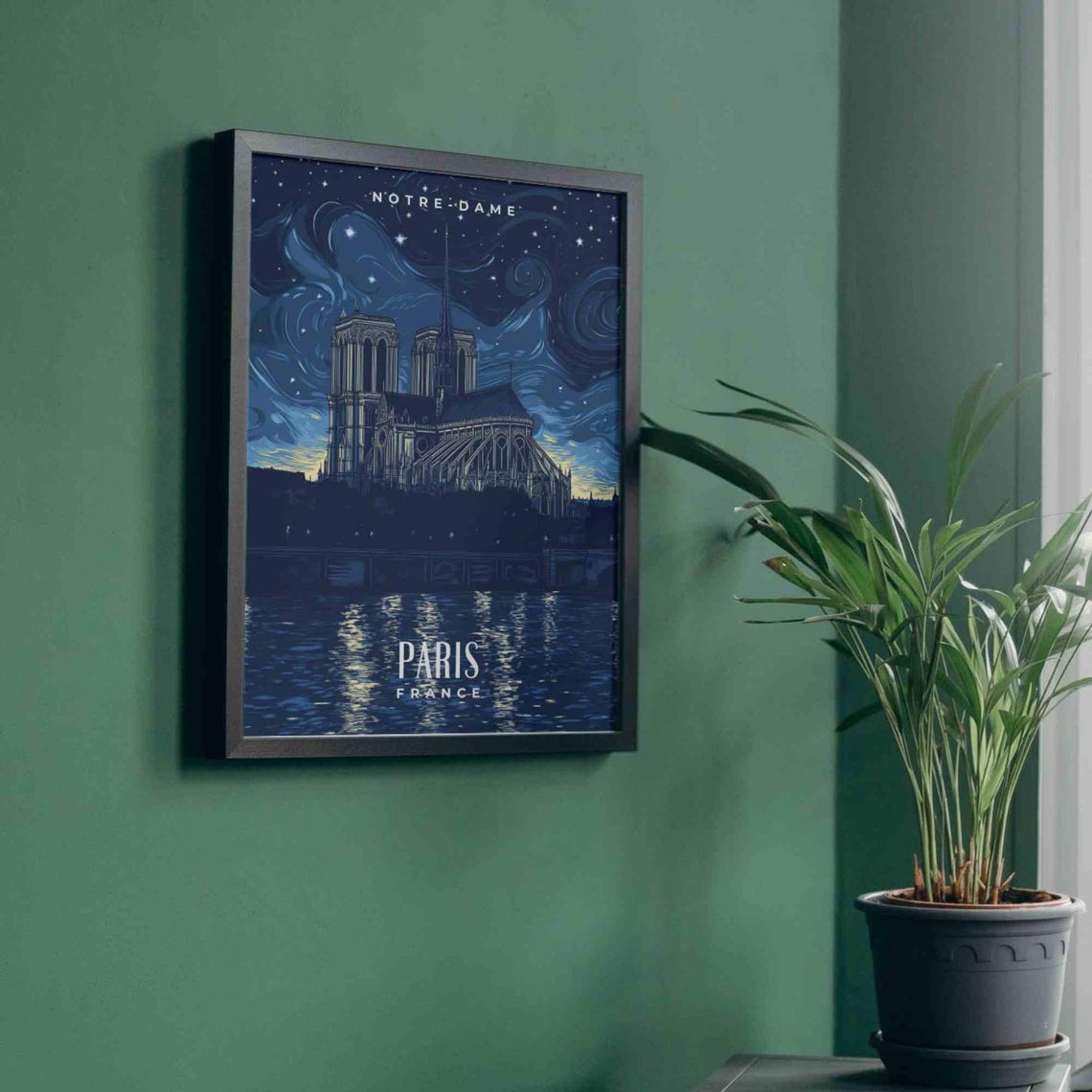 Paris Notre-Dame Starry Night Swirling Sky Cathedral Artwork Poster - Image 3
