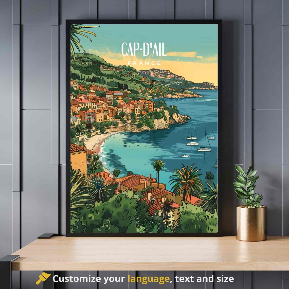 Cap-D'Ail French Riviera Sunset Bay Sailboats Vintage Travel Poster