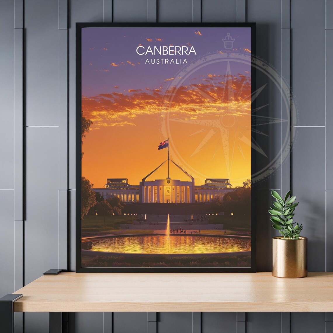 Canberra Australia Parliament House Sunset Flag Illustrated Poster