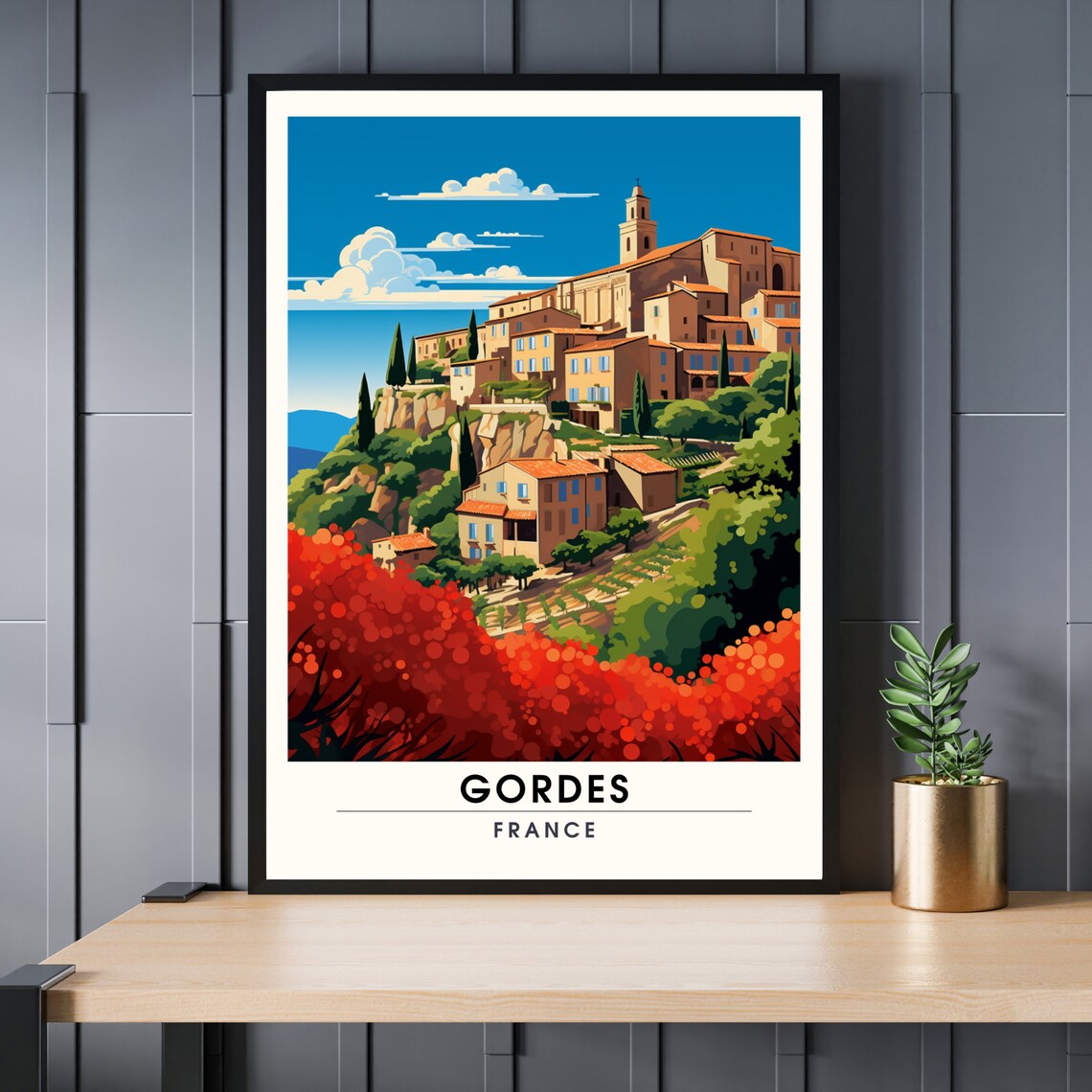 Gordes France Provence Hilltop Village Sunny Retro Travel Poster