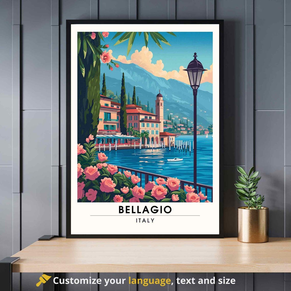 Bellagio Italy Lake Como Pink Roses Cypress Villa Travel Poster