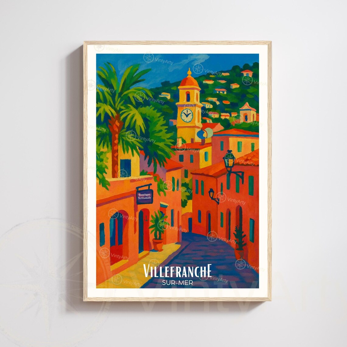 Villefranche sur-Mer Old Town Clock Tower Palm Street Art Poster