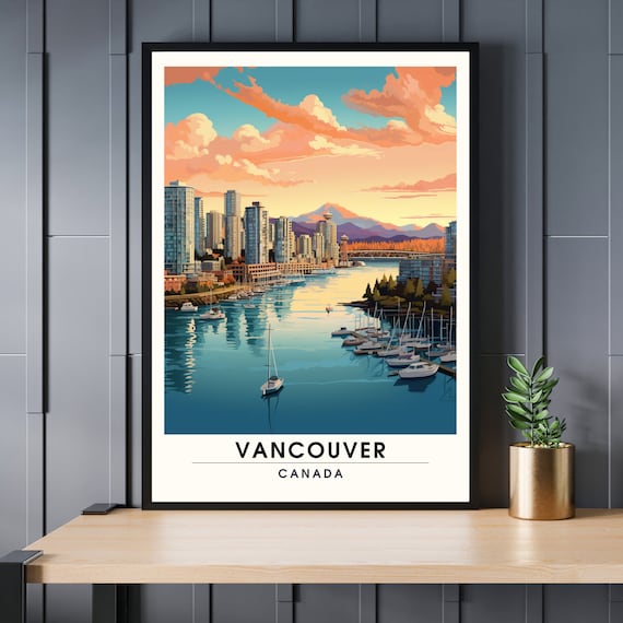 Vancouver Canada Sailboat Marina Sunset Cityscape Art Poster