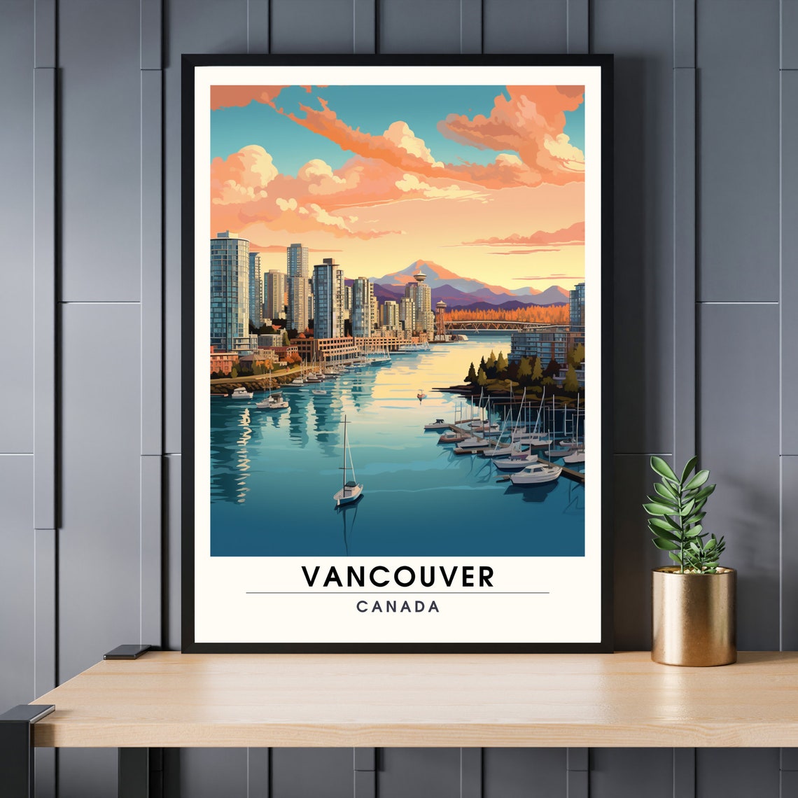 Vancouver Canada Sailboat Marina Sunset Cityscape Art Poster