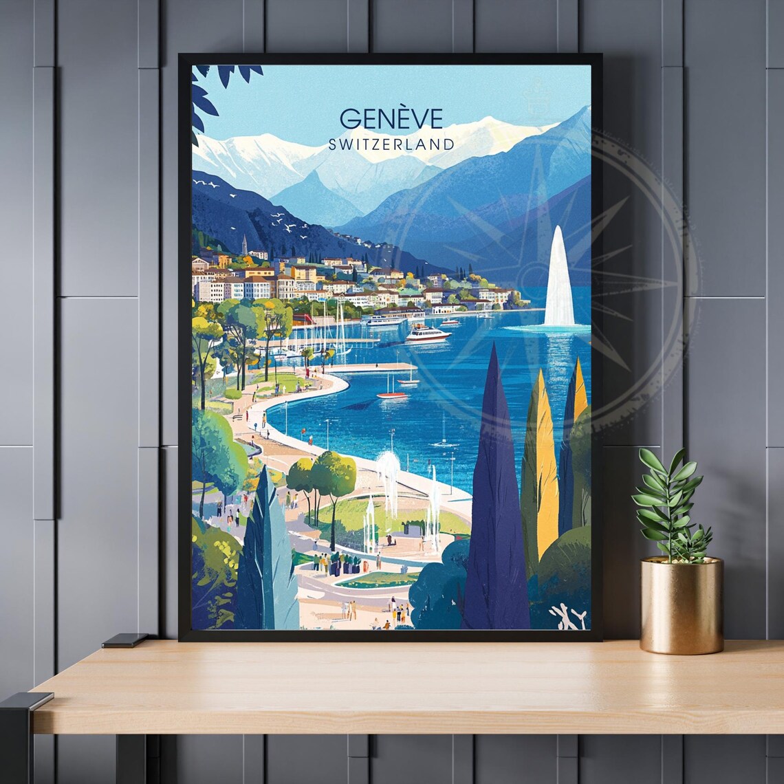 Geneve Switzerland Scenic Lake Geneva Alps Fountain Travel Poster