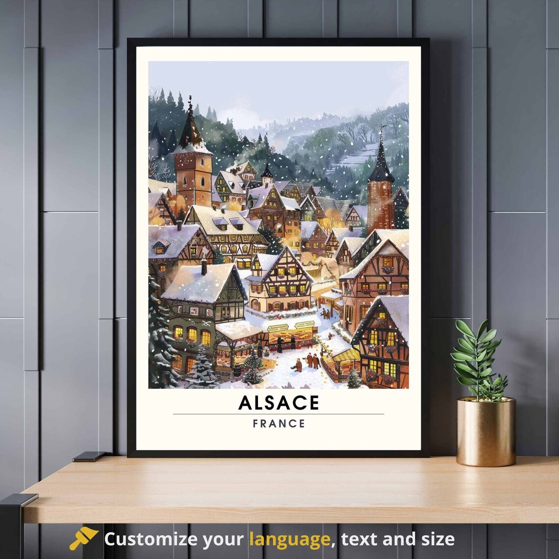 Alsace France Snowy Christmas Village Market Winter Scene Poster