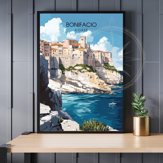 Bonifacio Corsica Cliff Top Old Town Sea View Illustration Travel Poster