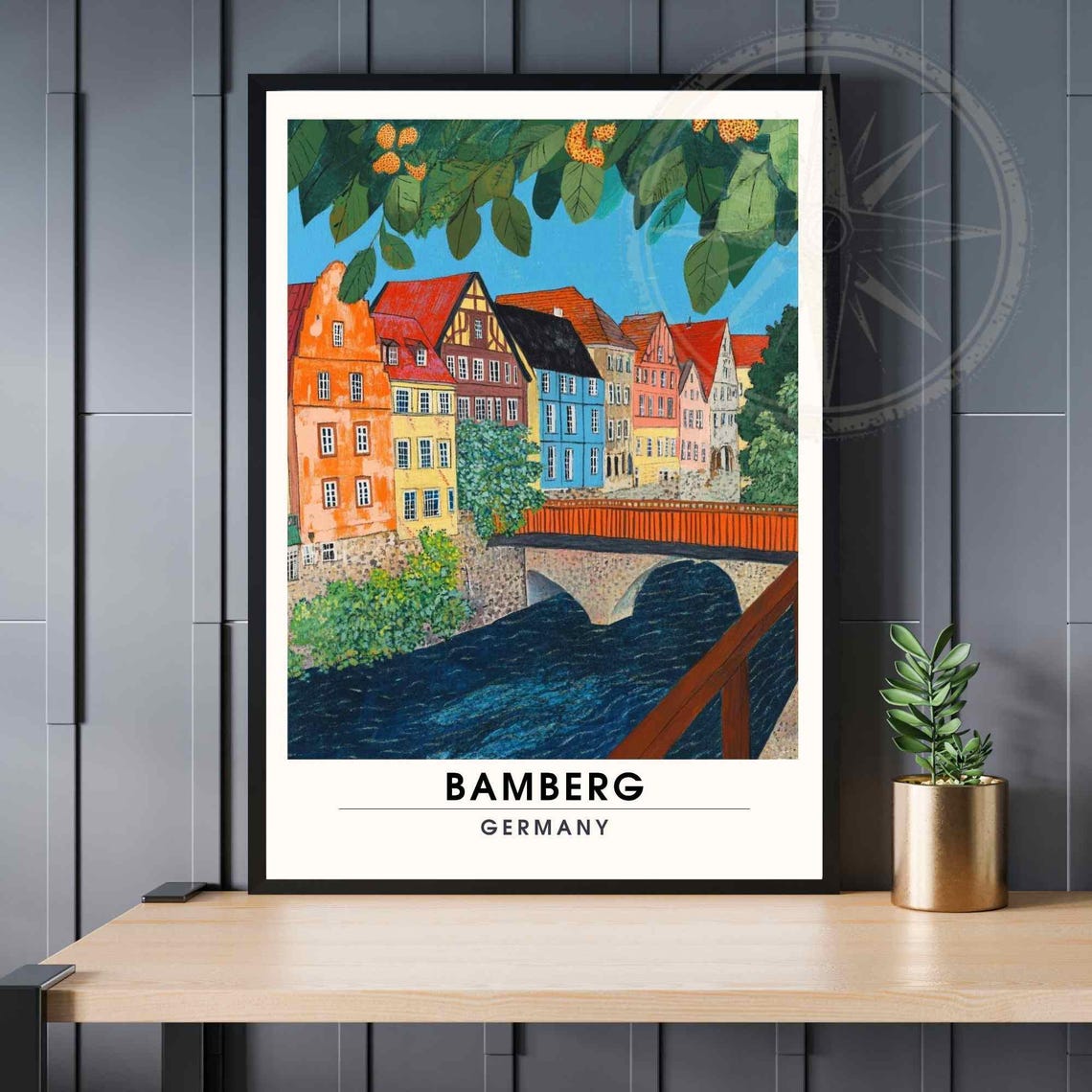 Bamberg Colorful Riverside Houses Stone Bridge Germany Travel Poster