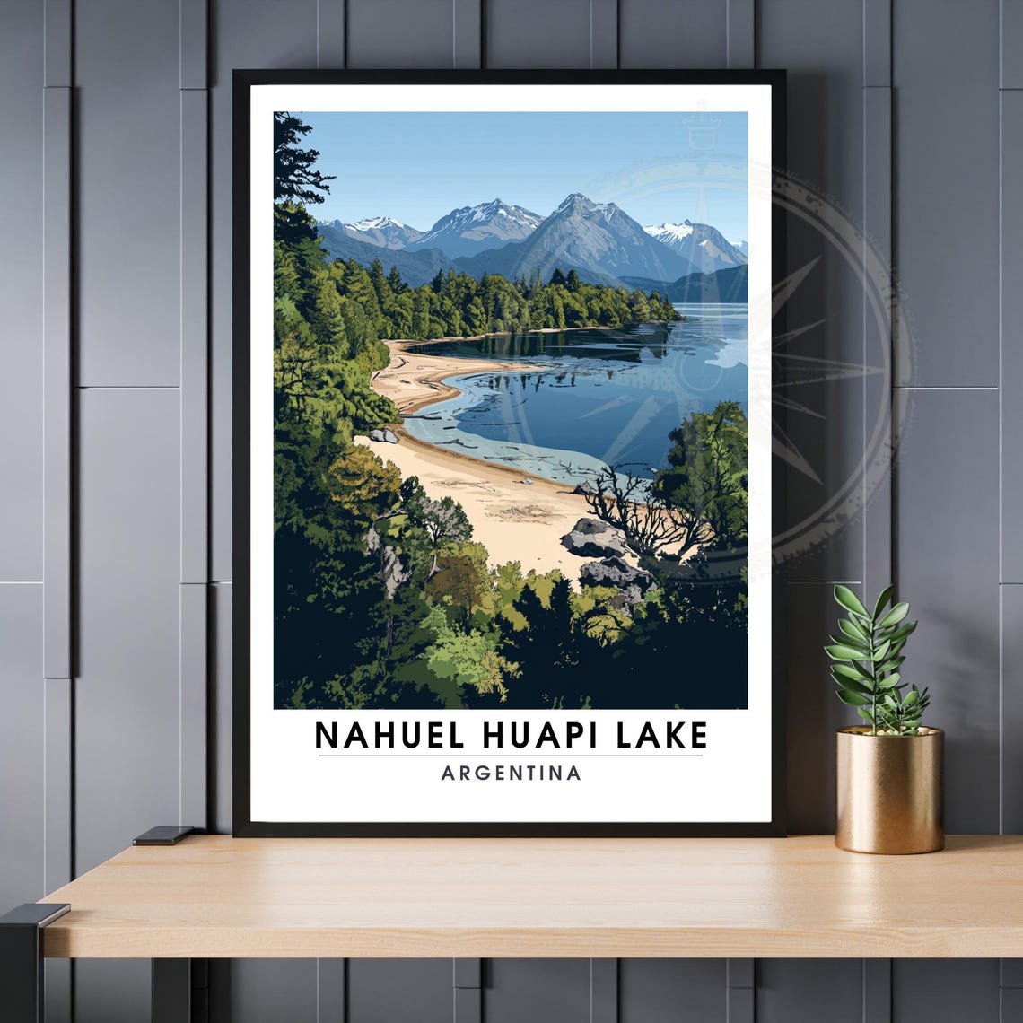Nahuel Huapi Lake Argentina Travel Poster with Beach Forest and Peaks