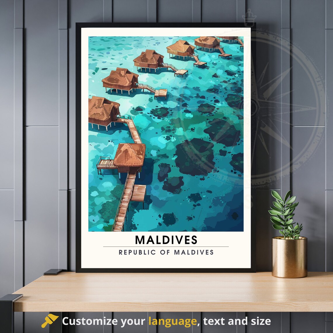 Maldives Republic Aerial Overwater Bungalows Tropical Travel Poster
