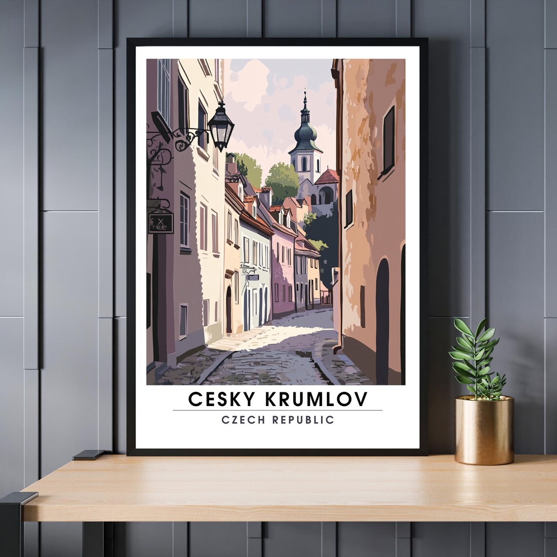 Cesky Krumlov Church Tower Lane Czech Republic Travel Poster
