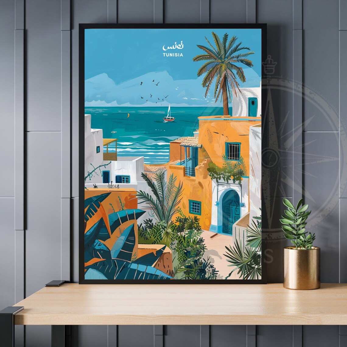 Tunisia Seaview Travel Poster, Coastal Wall Art Print