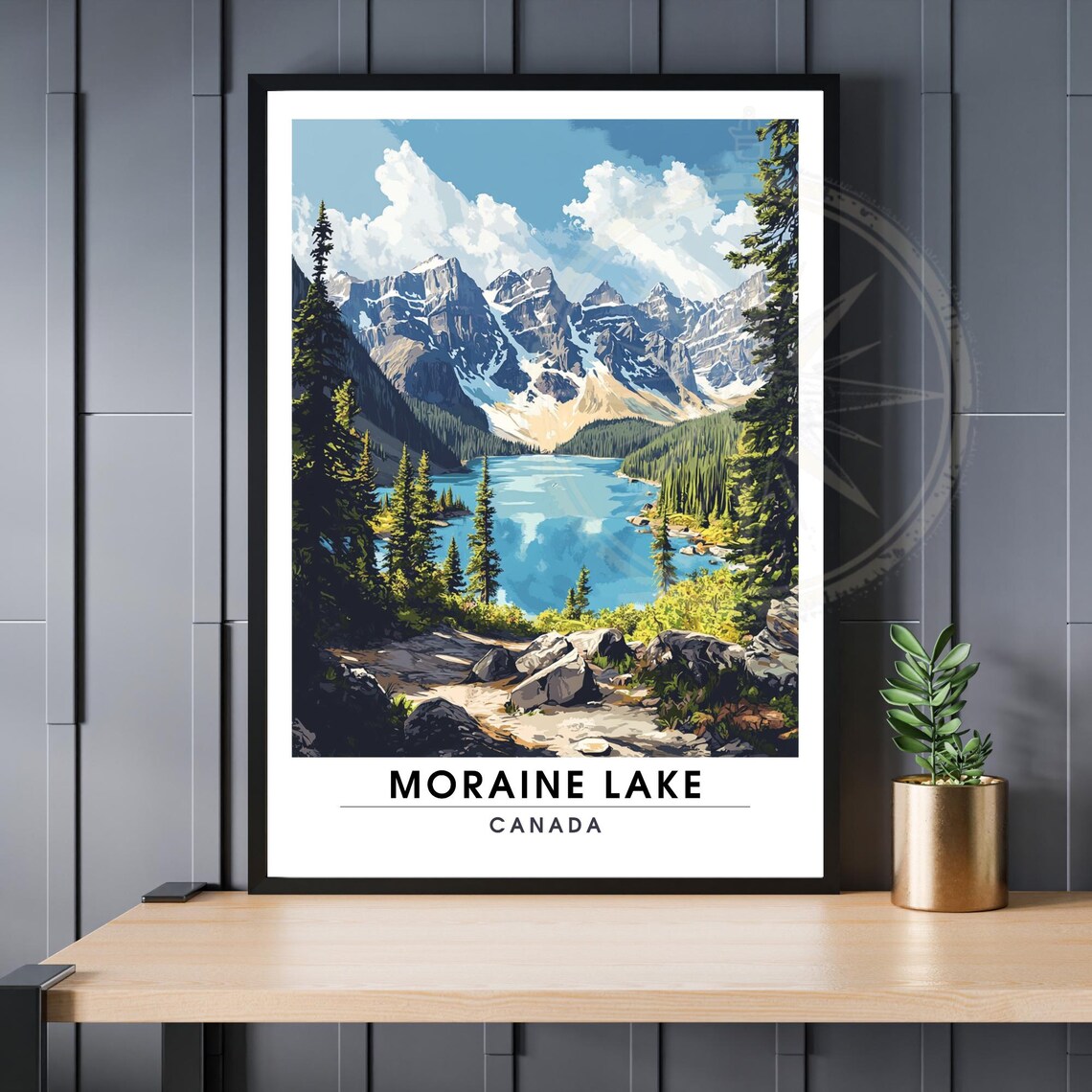 Moraine Lake Canada Travel Rocky Shores Pine Forest Reflection Art Poster