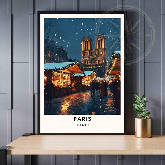 Christmas Paris Notre-Dame Festive Market Night Glow Travel Poster