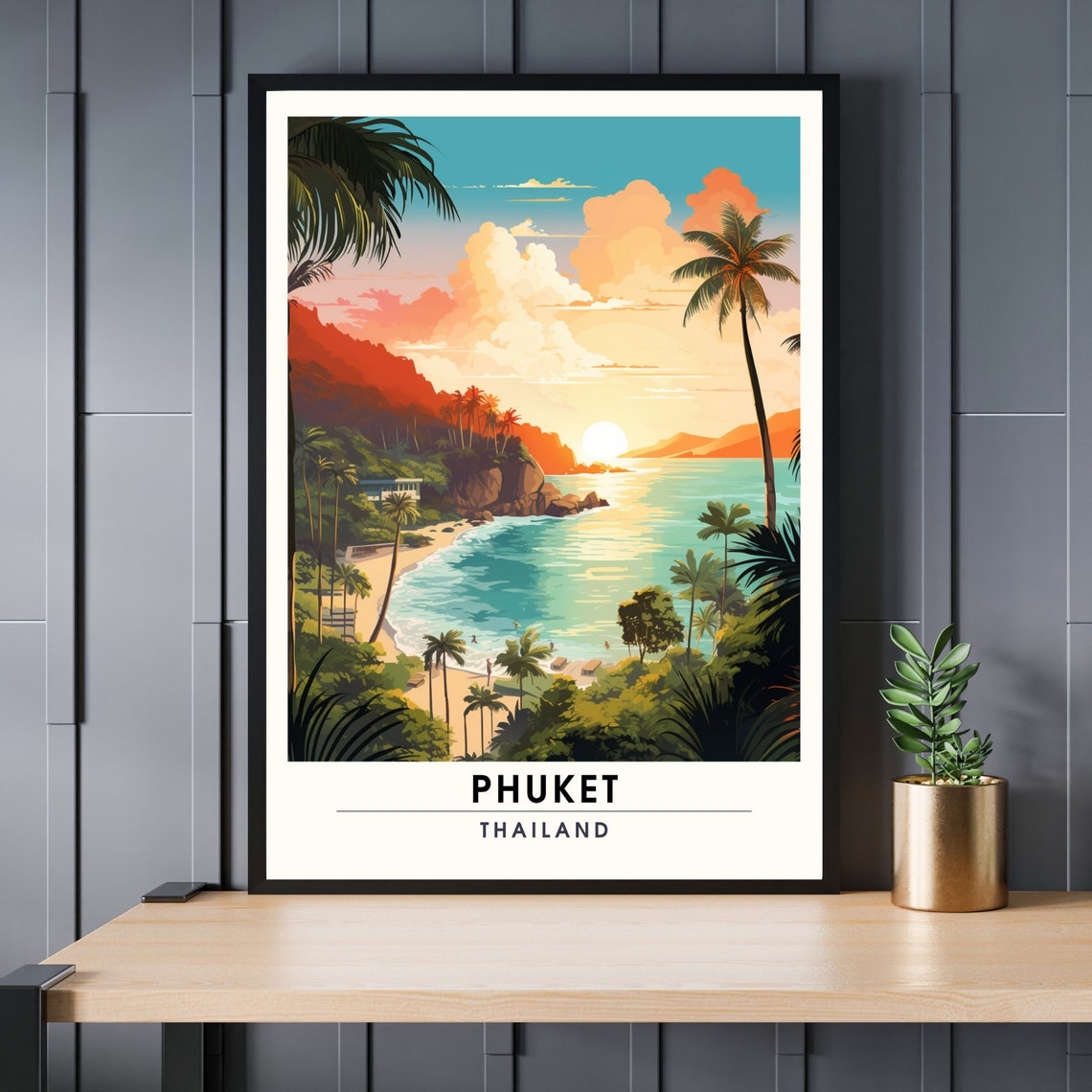 Phuket Thailand Sunset Beach Palm Trees Island Travel Poster