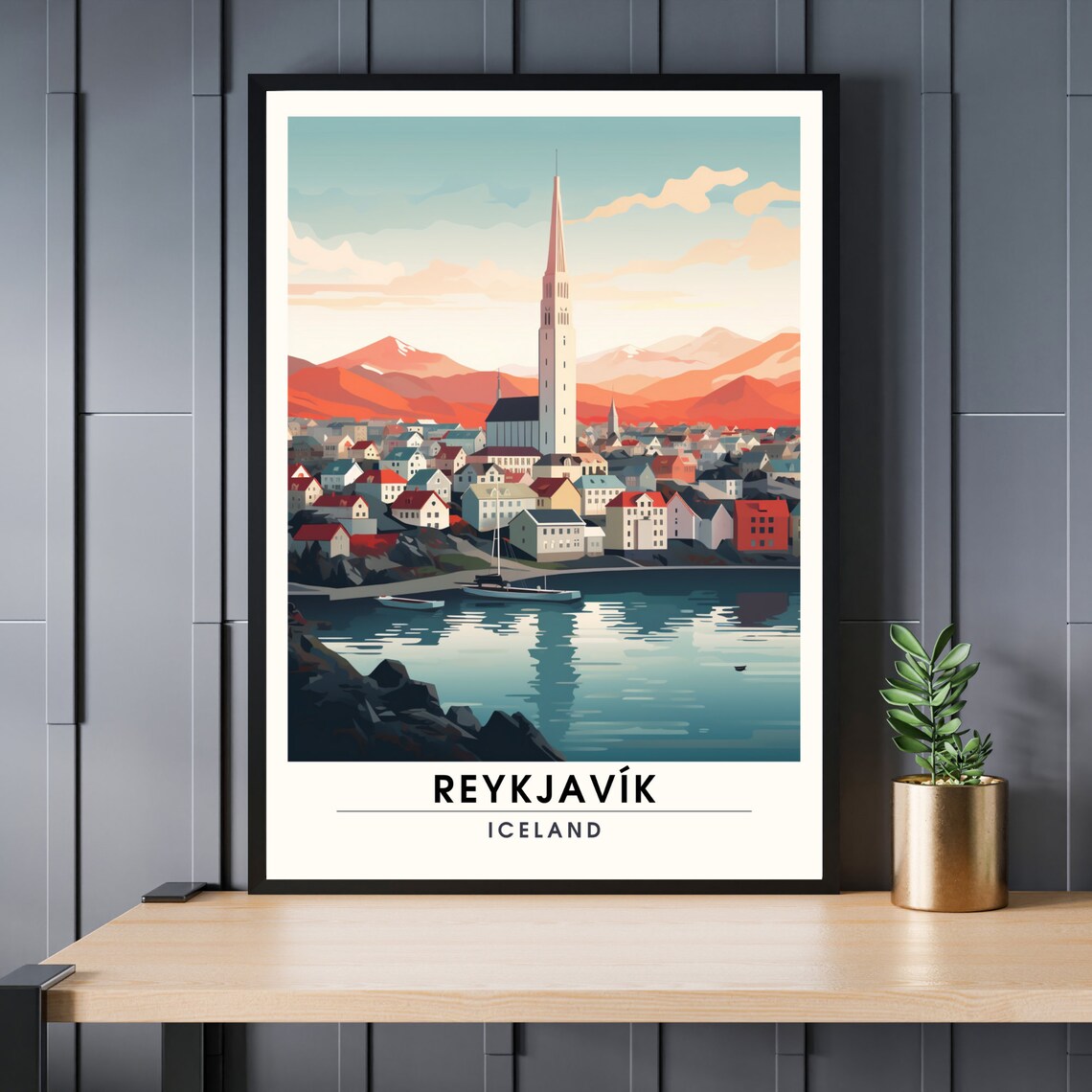 Reykjavik Iceland Travel Poster Hallgrimskirkja Harbor Skyline Art
