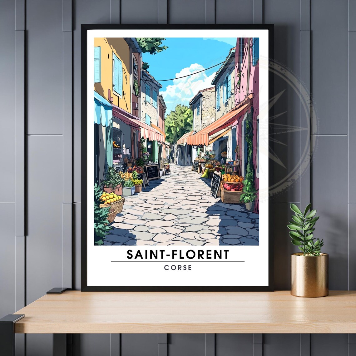 Saint Florent Corsica Market Street Cobblestone Travel Poster