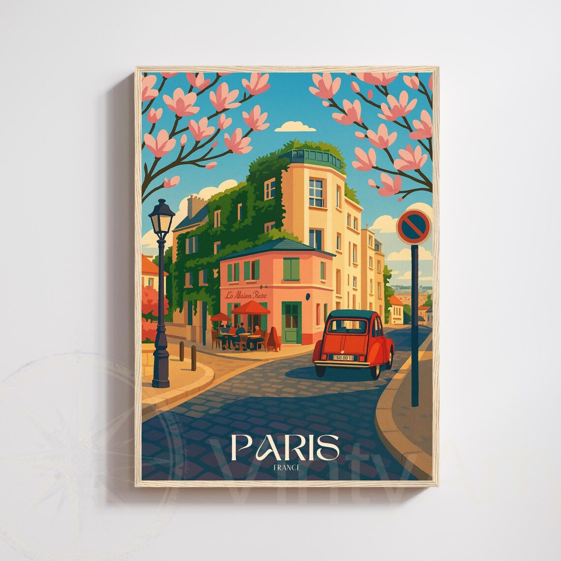 Paris Montmartre La Maison Rose Red Vintage Car Street Travel Poster