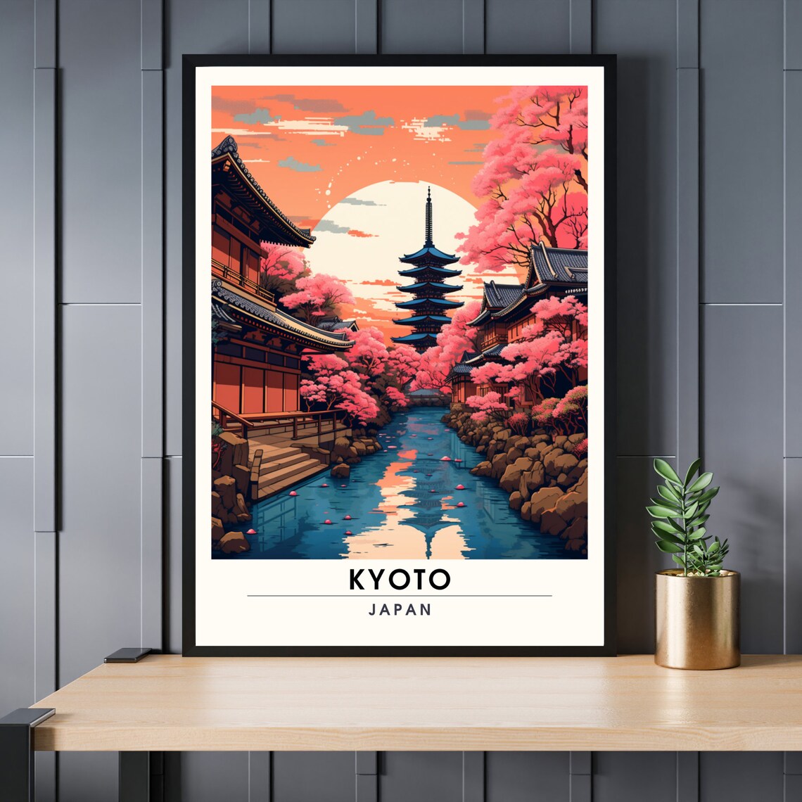 Kyoto Japan Cherry Blossom Pagoda Sunset Temple Travel Poster