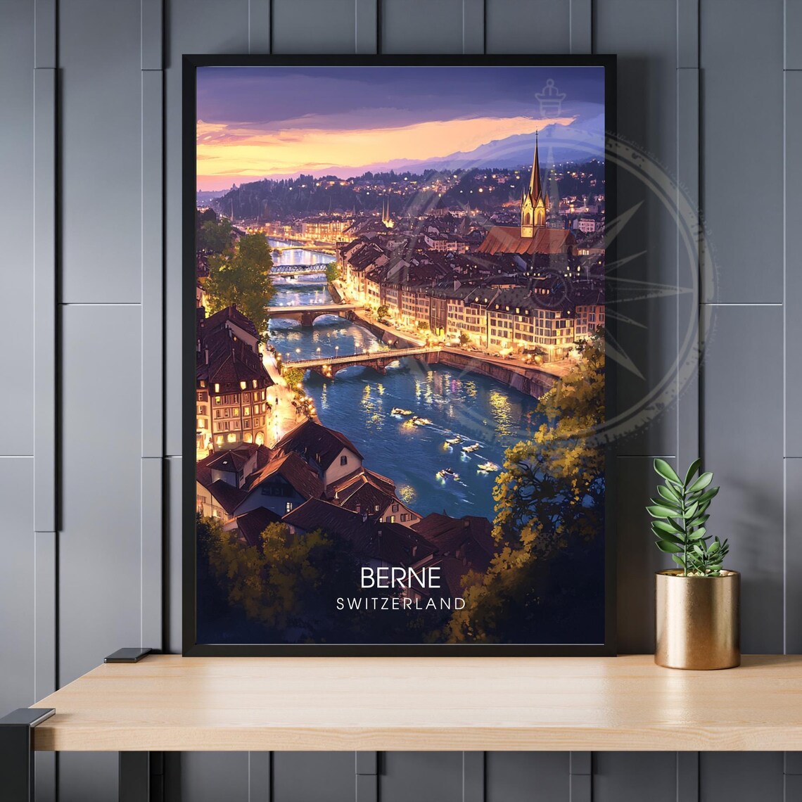 Berne Switzerland Old Town River Night Cityscape Vintage Travel Poster