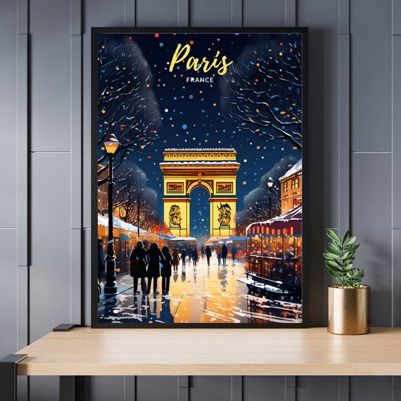 Paris Arc de Triomphe Snowy Christmas Night Market Travel Poster