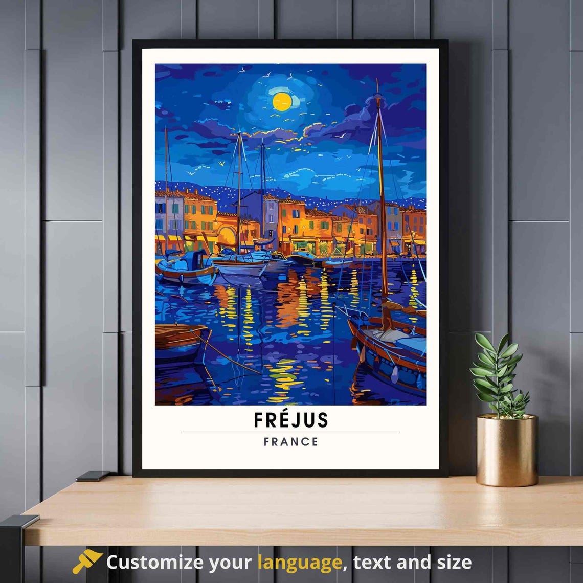 Frejus France Night Harbor Boat Lights Moon Reflection Poster