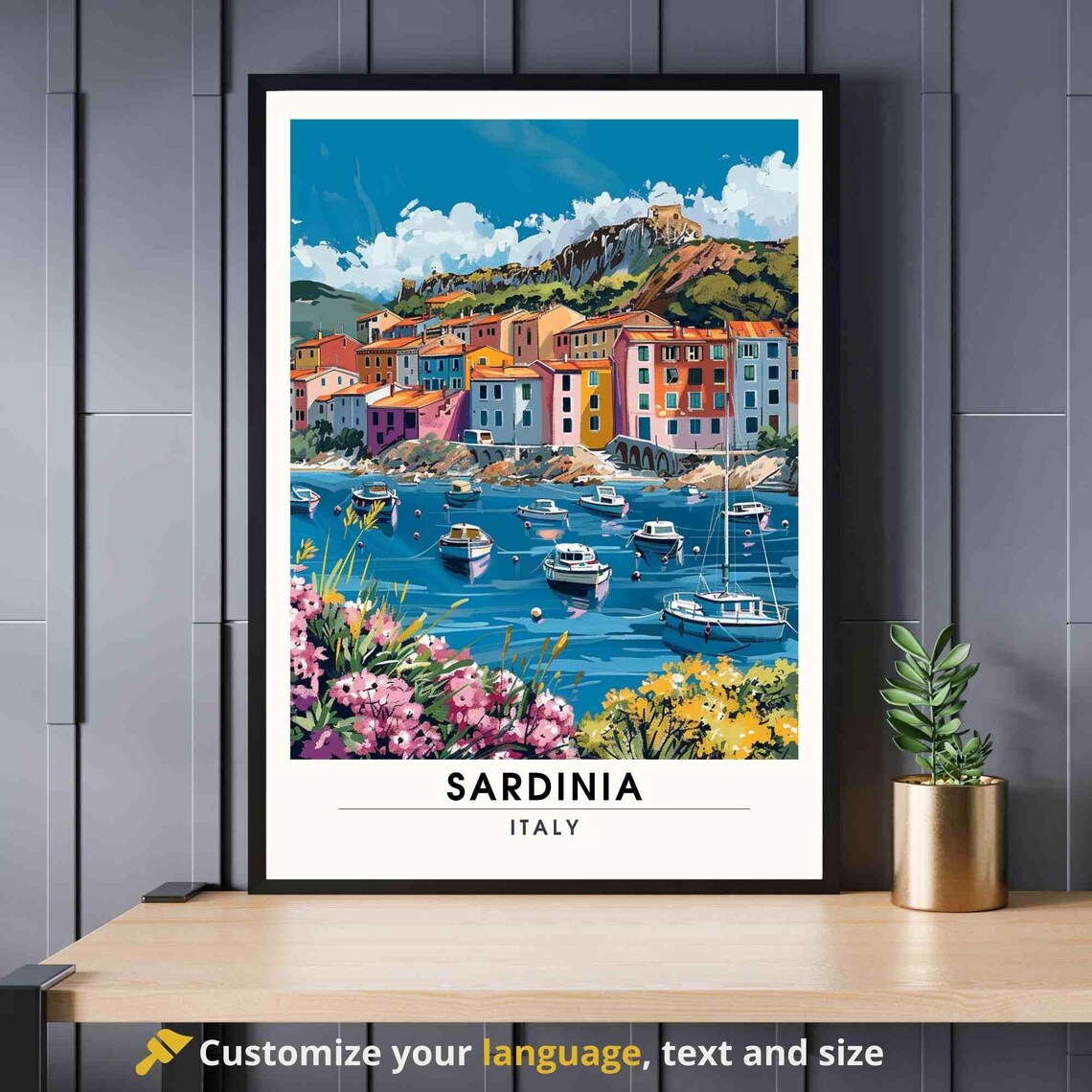 Sardinia Italy Colorful Fishing Village Boats Harbor Travel Poster