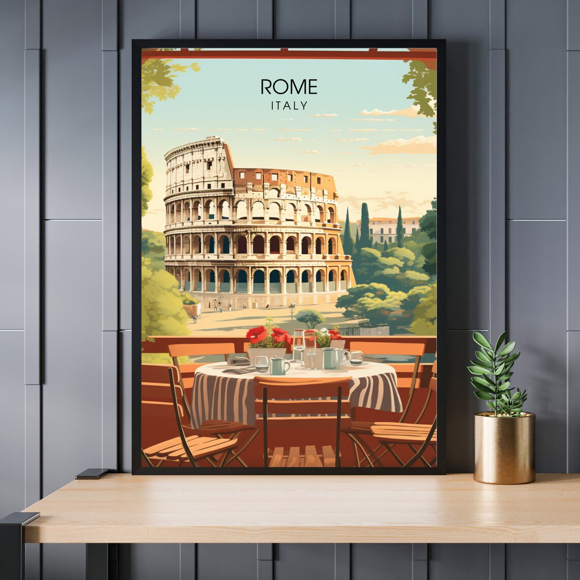 Rome Italy Colosseum Cafe Terrace View Historic Travel Poster
