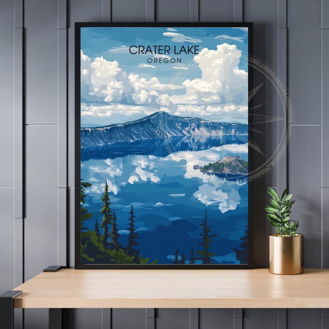 Crater Lake Oregon Mirror Reflection Clouds Vintage Travel Poster