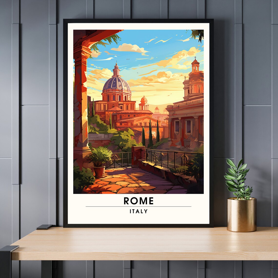 Rome Italy Sunset Terrace View Domes Golden Hour Vintage Poster