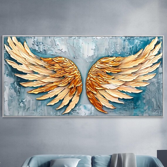 Abstract Golden Wings Painting On 3d Original Wings Textured Wall Art Master Piece Wall Decor Living Room Wall Art Boho Wall Decor