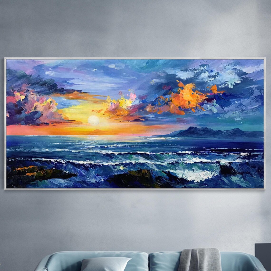 Dramatic Ocean Sunset Orange Waves Blue Sky Oil Painting Poster