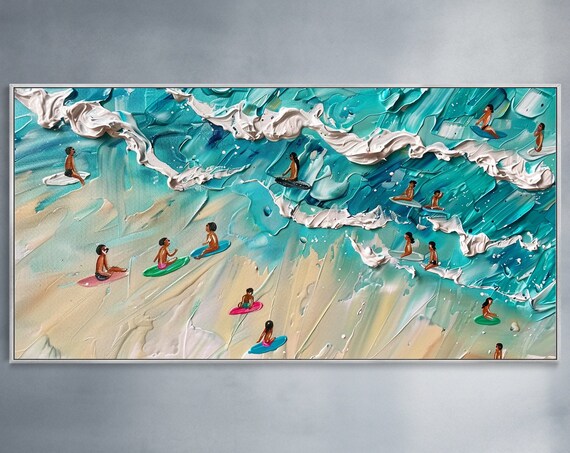 Custom Sunshine Beach Party Ocean Surfing Sport Oil Painting Large 3d Thick Texture Palette Knife Art Blue Seascape Wall Decor Unique