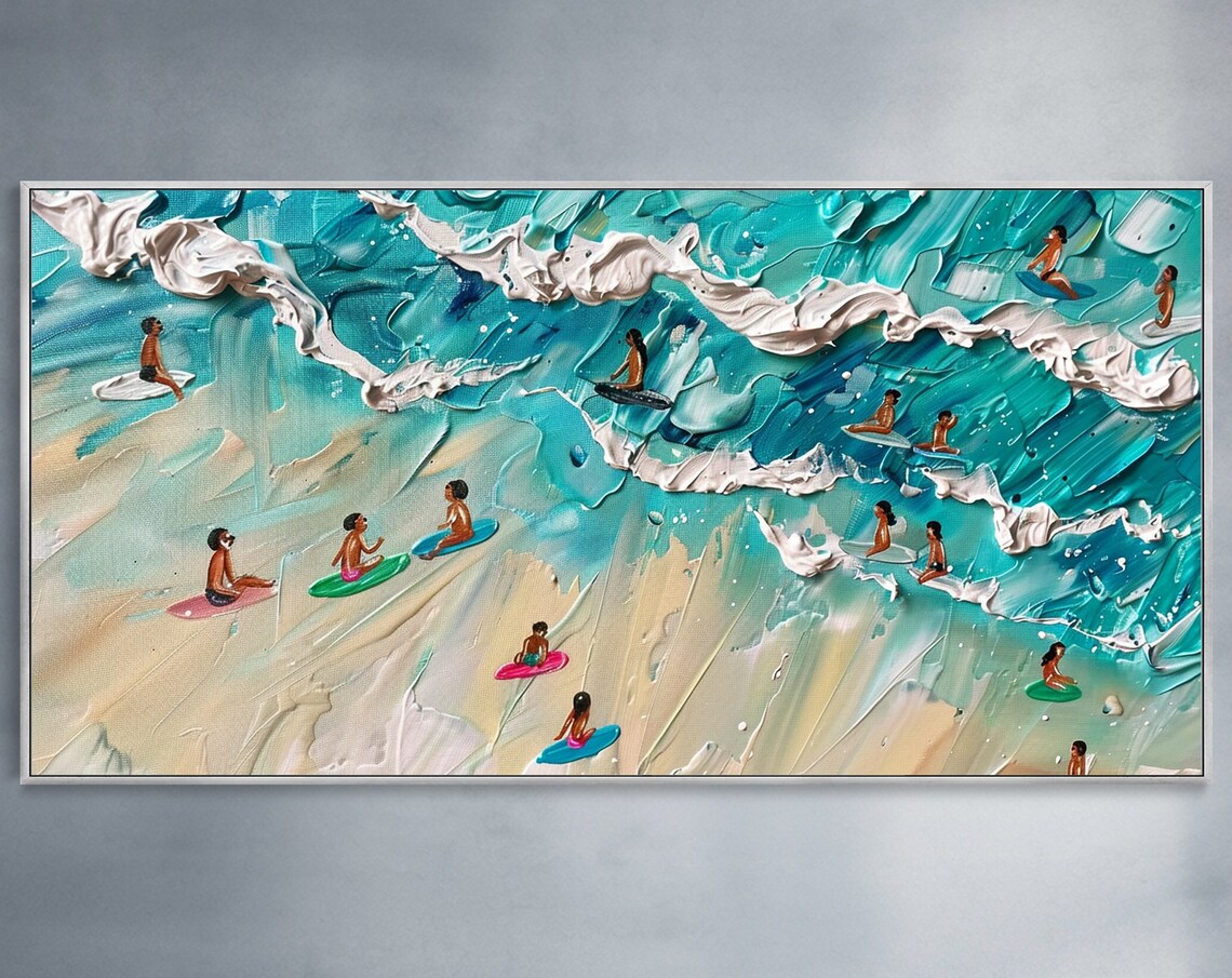 Aerial Surfers Colorful Boards Turquoise Waves Impasto Painting Poster