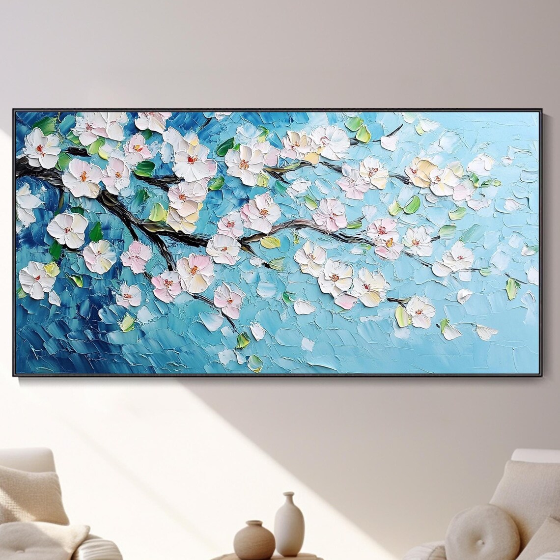 Blooming White Cherry Blossom Branch 3D Textured Oil Painting Poster