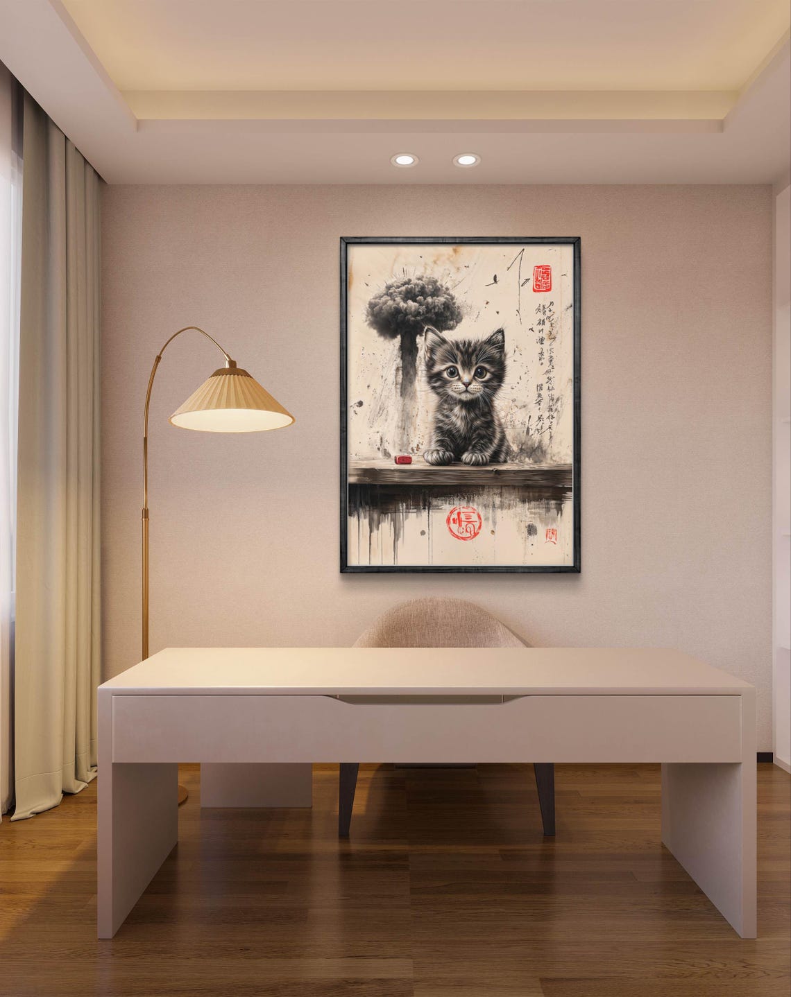 Kitten With Nuclear Cloud Surreal Japanese Ink Art Wall Poster - Image 3