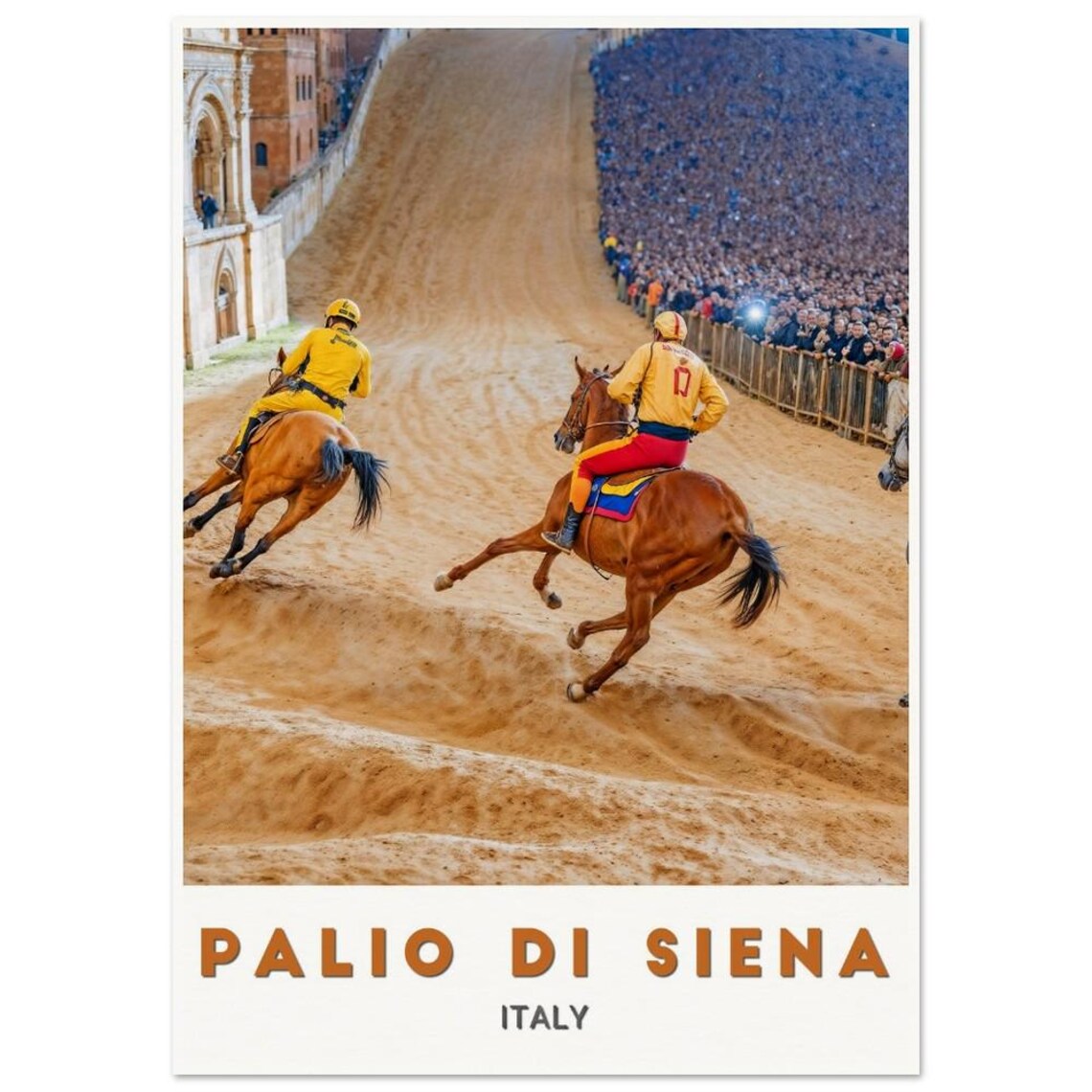Palio di Siena Horse Race Poster Galloping Jockeys in Tuscany Italy