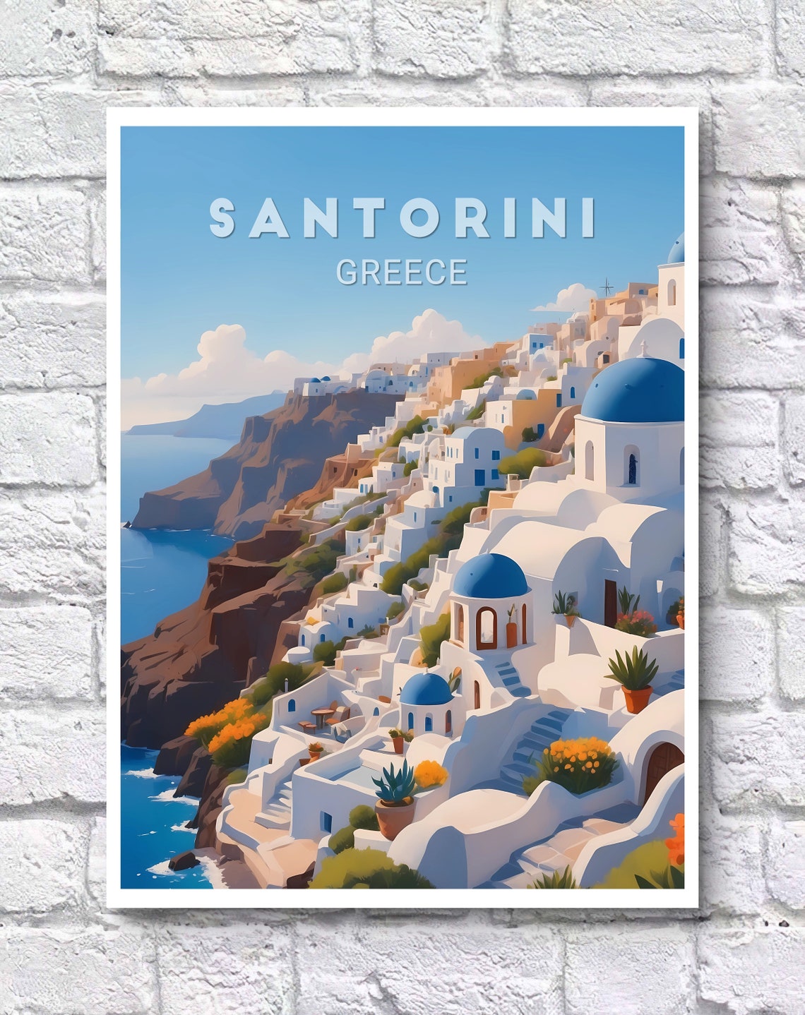 Santorini Greece Blue Dome Churches Caldera Illustration Travel Poster