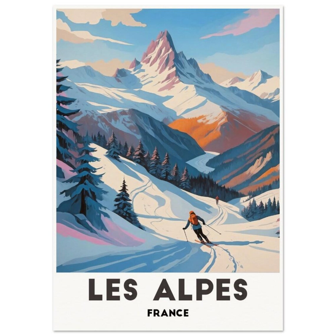 Les Alpes France Lone Skier On Snowy Alpine Slope Travel Poster - Image 3