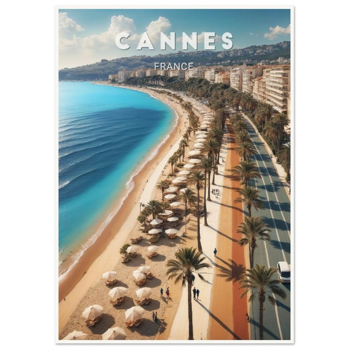 Cannes Beach Umbrellas Palm Promenade Aerial France Travel Poster
